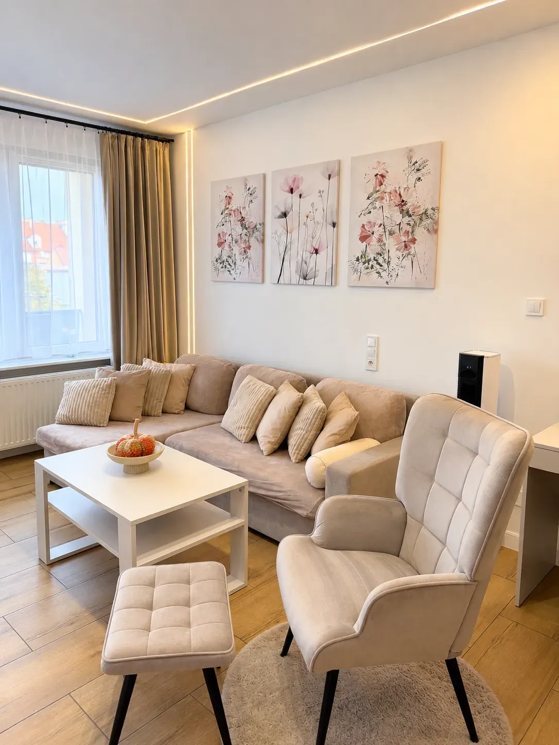 Salon z rozkładaną sofą, fotelem i podnóżkiem, apartament Helenka Modern w Zabrzu