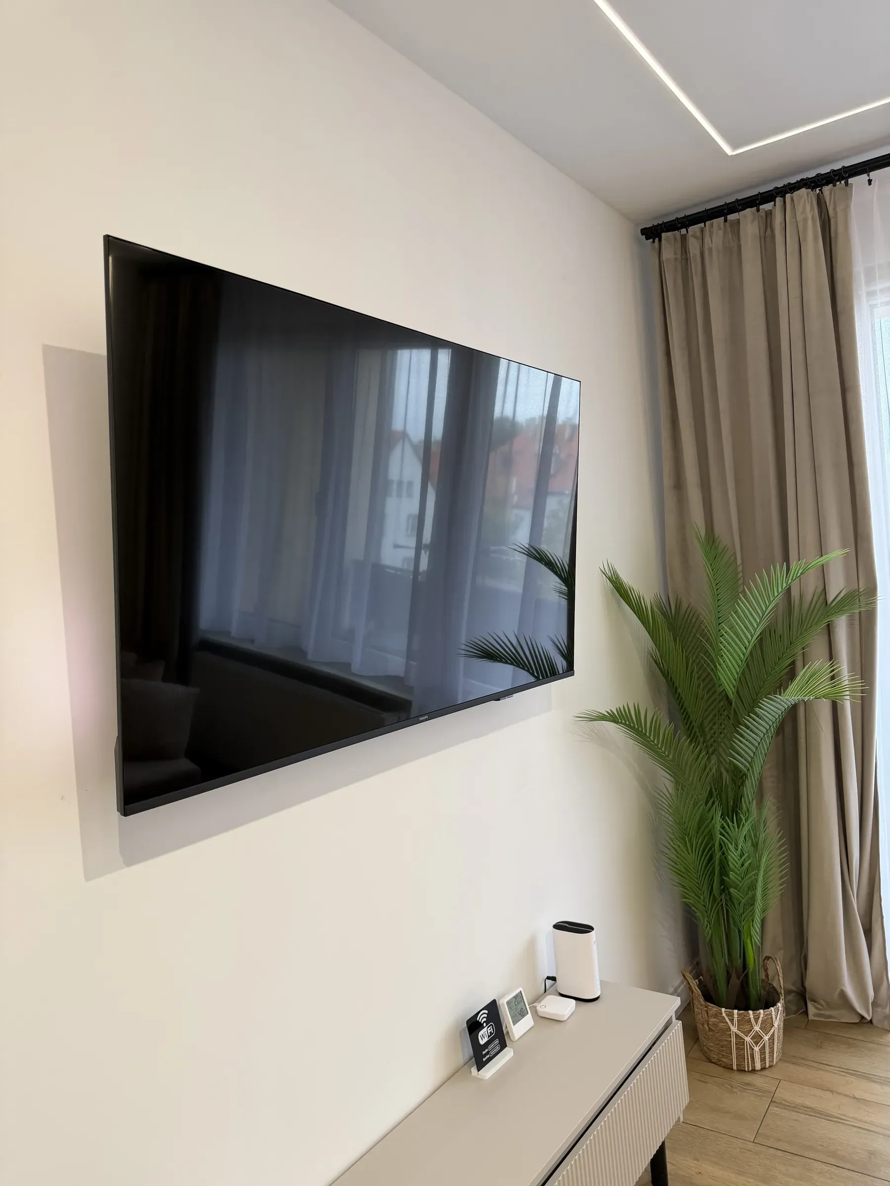Telewizor w salonie apartamentu Helenka Modern, obok okno i palma