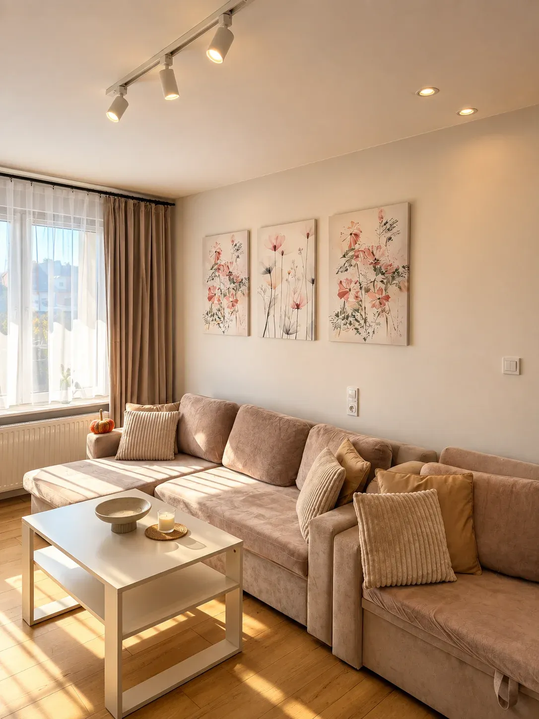 Narożna sofa i stolik kawowy w salonie apartamentu Helenka Modern, popołudniowe słońce